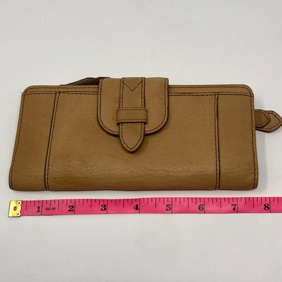 Fossil Wallet Tate Clutch Light Tan Cowhide Leather Teal Polka Dot Interior - Picture 7 of 9